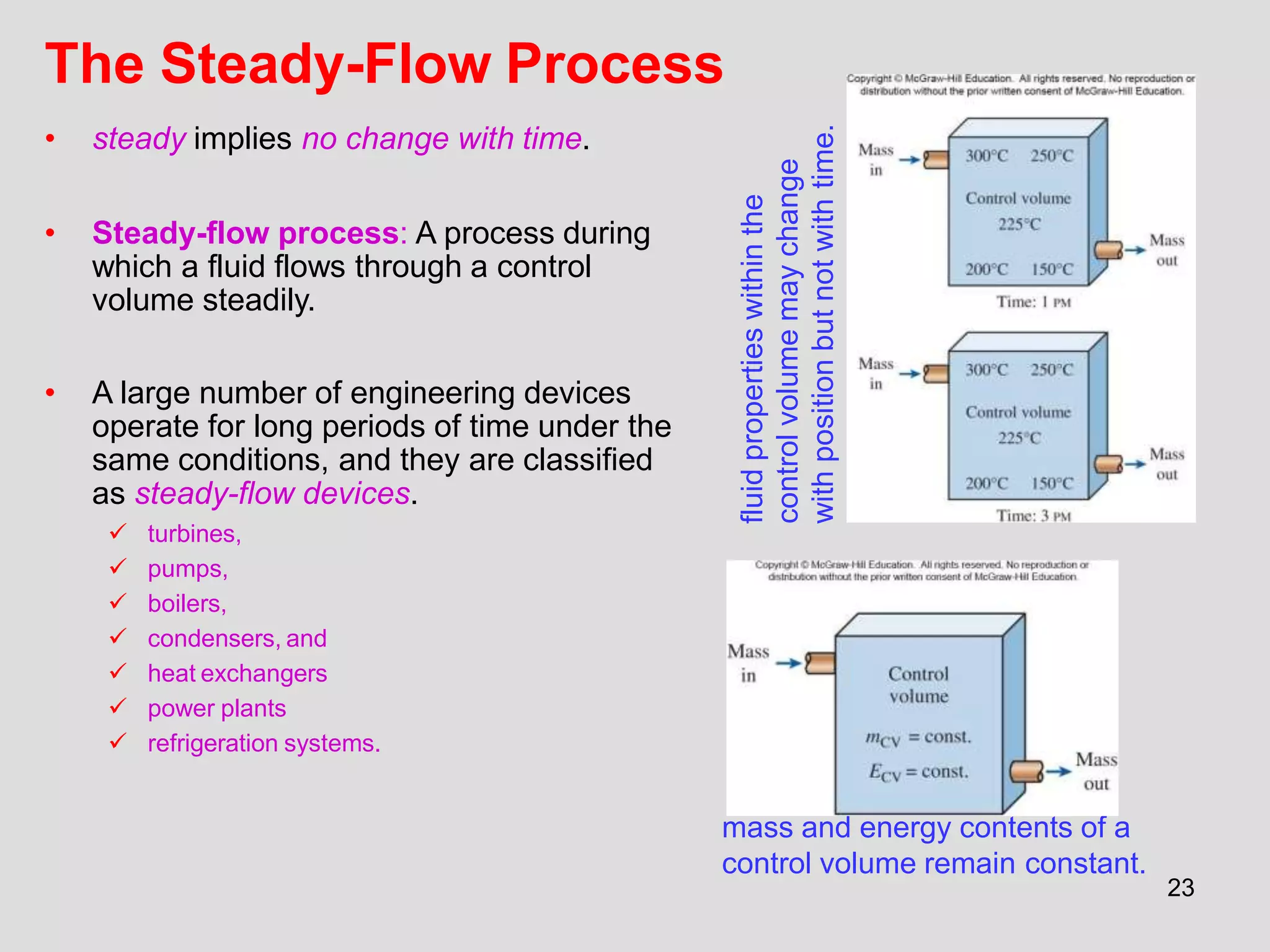 The Steady-Flow Process
fluid
properties
within
the
control
volume
may
change
with
position
but
not
with
time.
• steady implies no change with time.
• Steady-flow process: A process during
which a fluid flows through a control
volume steadily.
• A large number of engineering devices
operate for long periods of time under the
same conditions, and they are classified
as steady-flow devices.
 turbines,
 pumps,
 boilers,
 condensers, and
 heat exchangers
 power plants
 refrigeration systems.
mass and energy contents of a
control volume remain constant.
23
 
