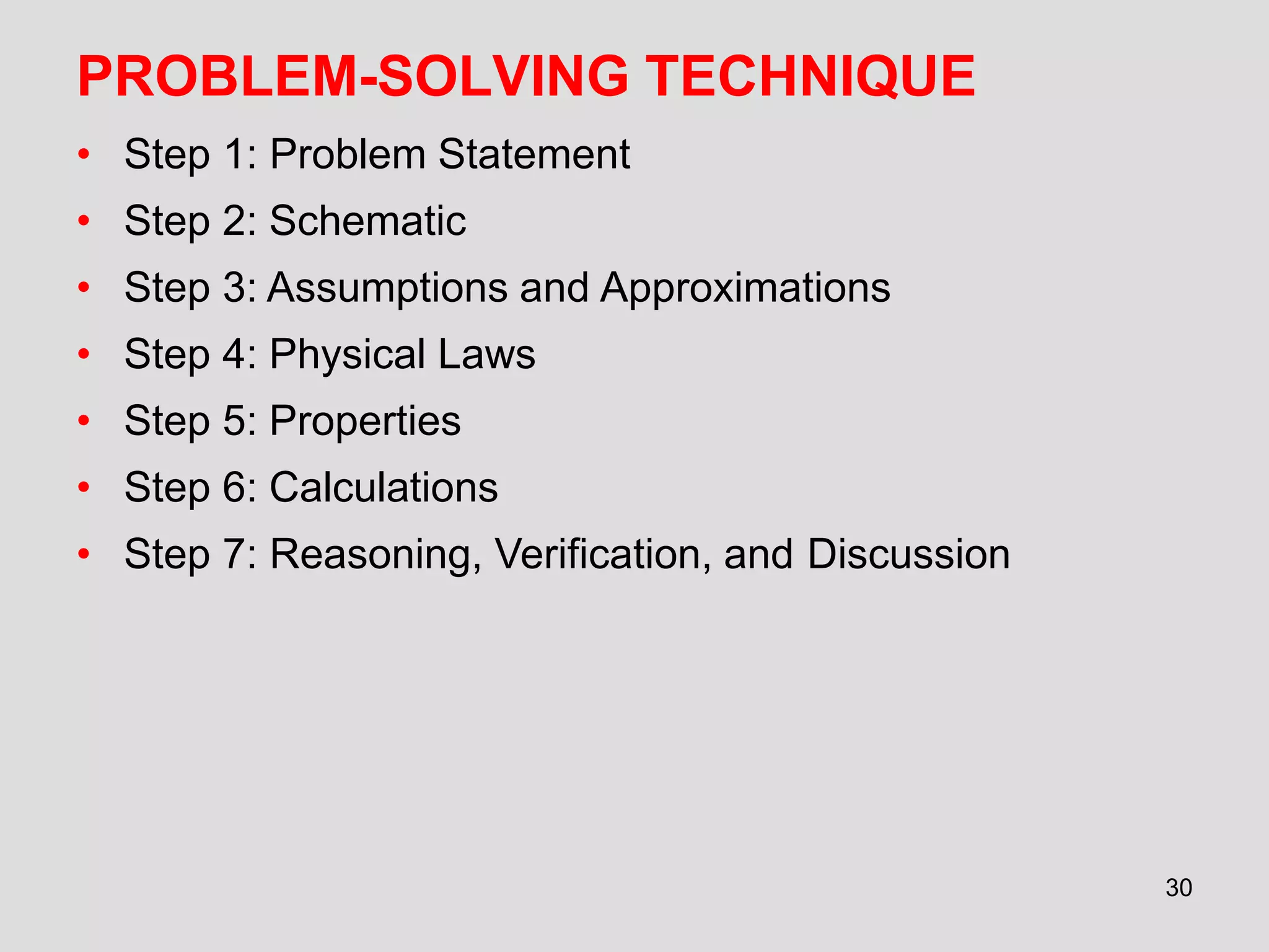 PROBLEM-SOLVING TECHNIQUE
30
• Step 1: Problem Statement
• Step 2: Schematic
• Step 3: Assumptions and Approximations
• Step 4: Physical Laws
• Step 5: Properties
• Step 6: Calculations
• Step 7: Reasoning, Verification, and Discussion
 
