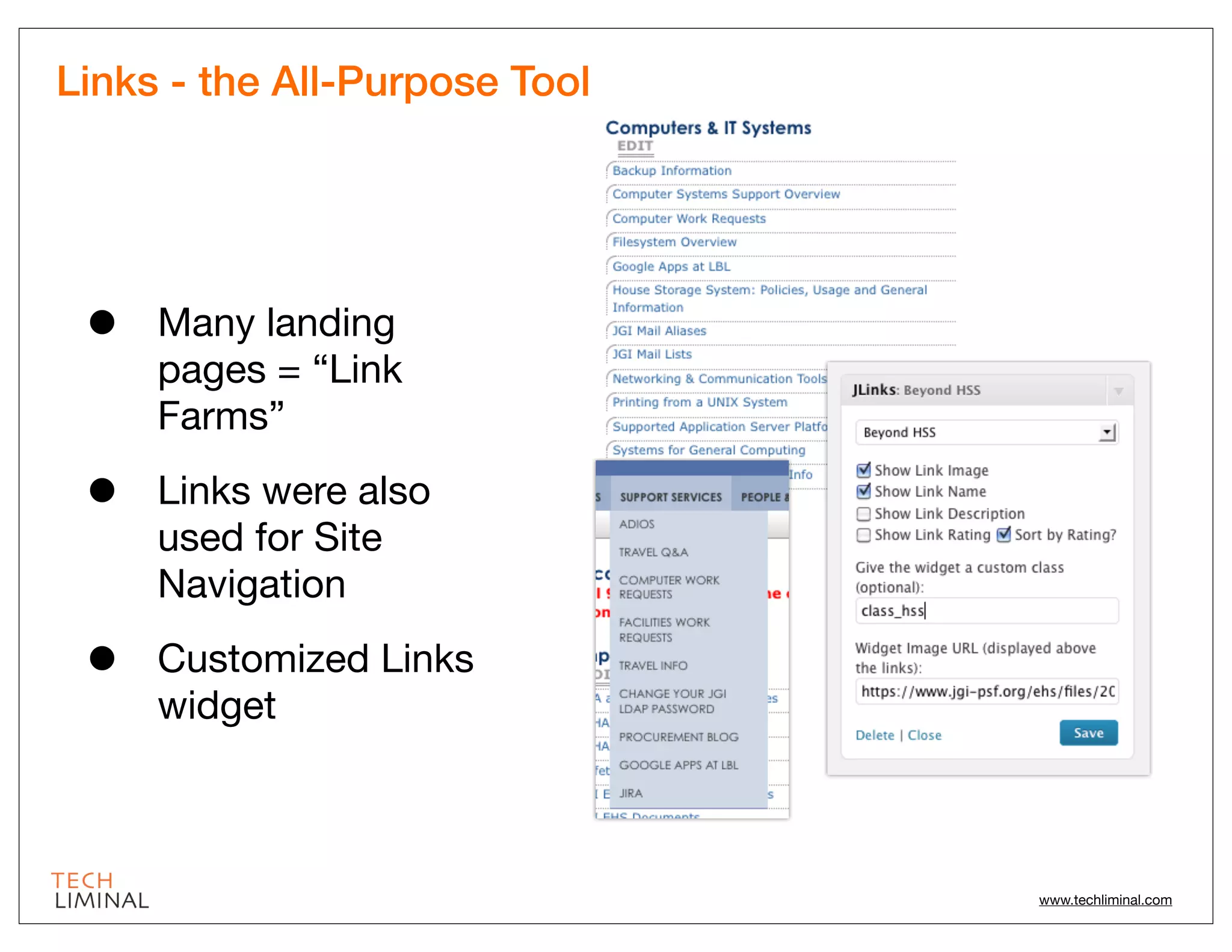 Links - the All-Purpose Tool!




 •   Many landing
     pages = “Link
     Farms”

 •   Links were also
     used for Site
     Navigation

 •   Customized Links
     widget



                                www.techliminal.com
 