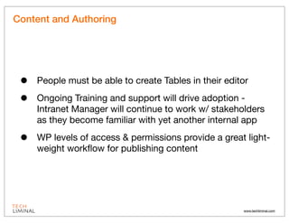Content and Authoring




 •   People must be able to create Tables in their editor

 •   Ongoing Training and support wil...