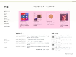 訂正：mixiの現行
サイトは
WordPressではな
くMTでできてい
ます。
http://
www.skyarc.co.j
p/case-studies/
platform/mixi/
index.html




                  http://mixi.co.jp/
 