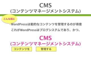 CMS
  (コンテンツマネージメントシステム)
こんな風に

   WordPressは動的なコンテンツを管理するのが得意
   これがWordPressはブログシステムであり、かつ、

             CMS
  (コンテンツマネージメントシステム)
    コンテンツを    管理する     システム
 