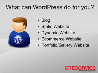 What can WordPress do for you?

          •   Blog
          •   Static Website
          •   Dynamic Website
          •   Ecommerce Website
          •   Portfolio/Gallery Website
 
