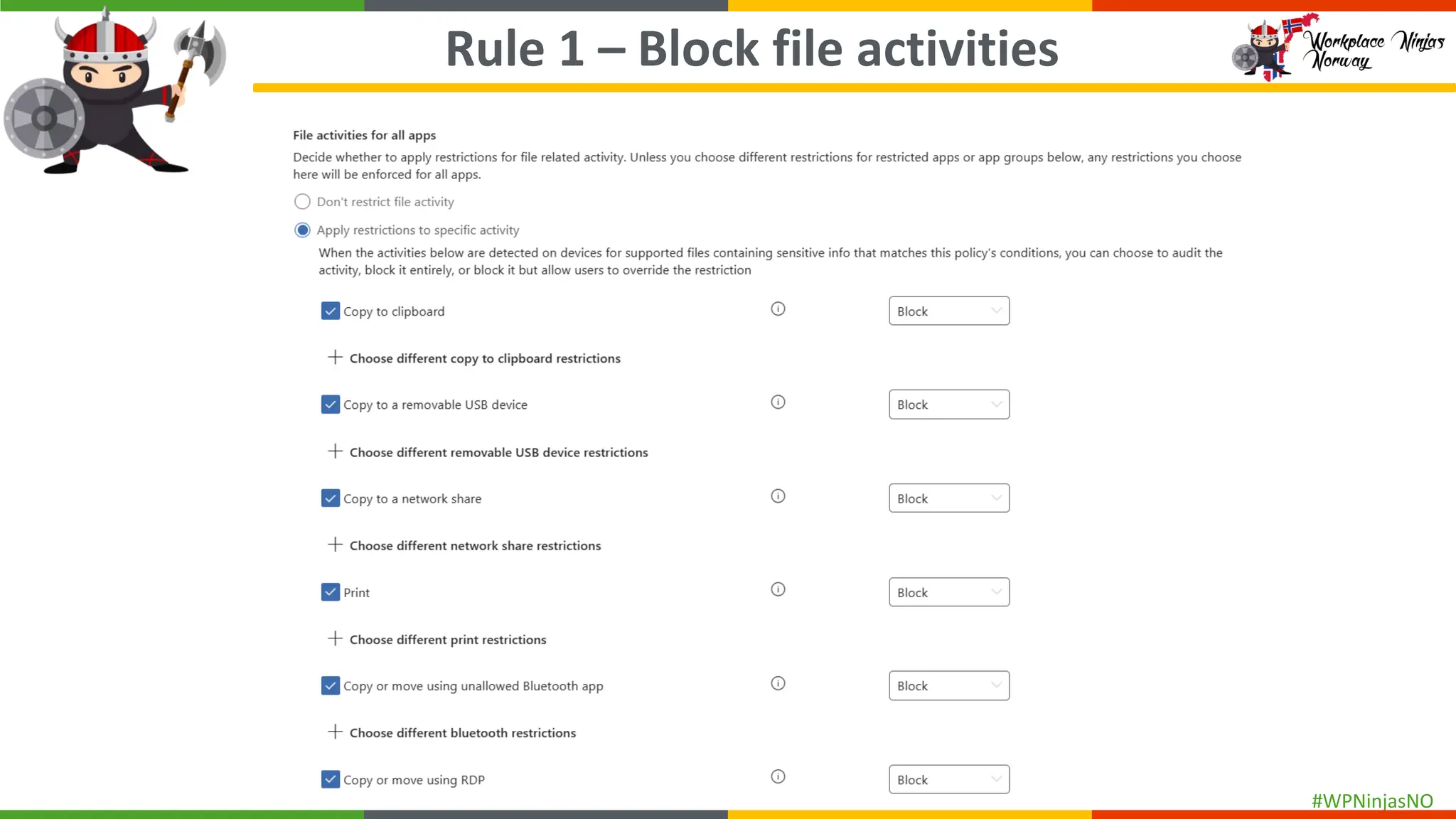 #WPNinjasNO
Rule 1 – Block file activities
 