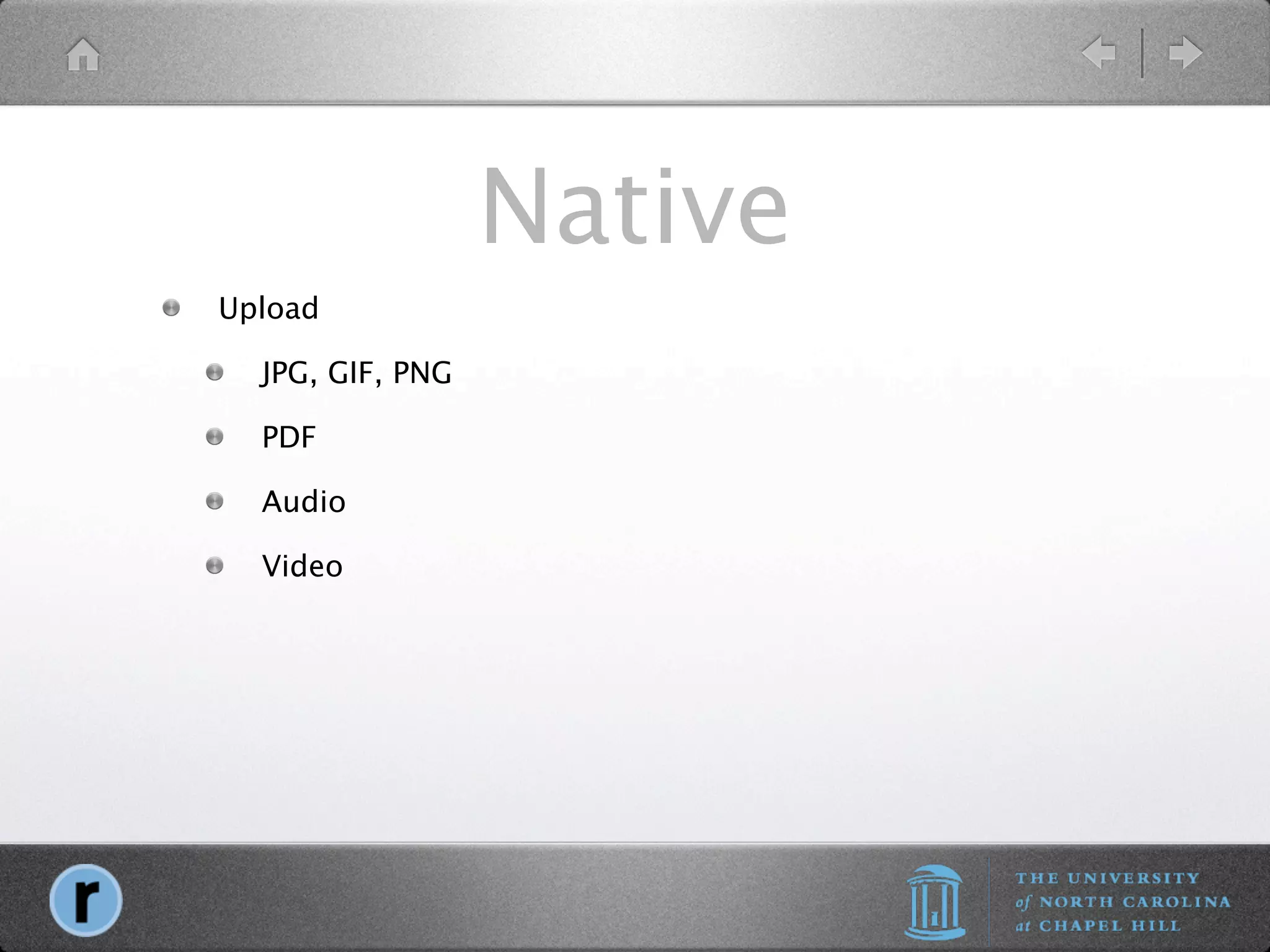 Native
Upload

  JPG, GIF, PNG

  PDF

  Audio

  Video
 