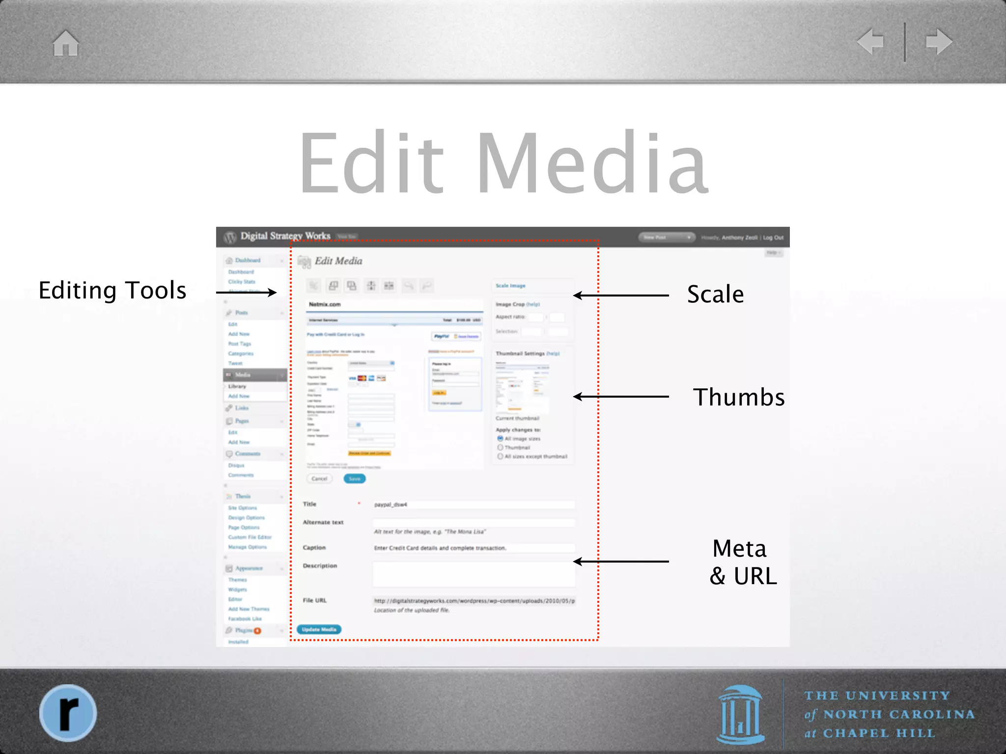 Edit Media
Editing Tools            Scale



                         Thumbs




                          Meta
                          & URL
 