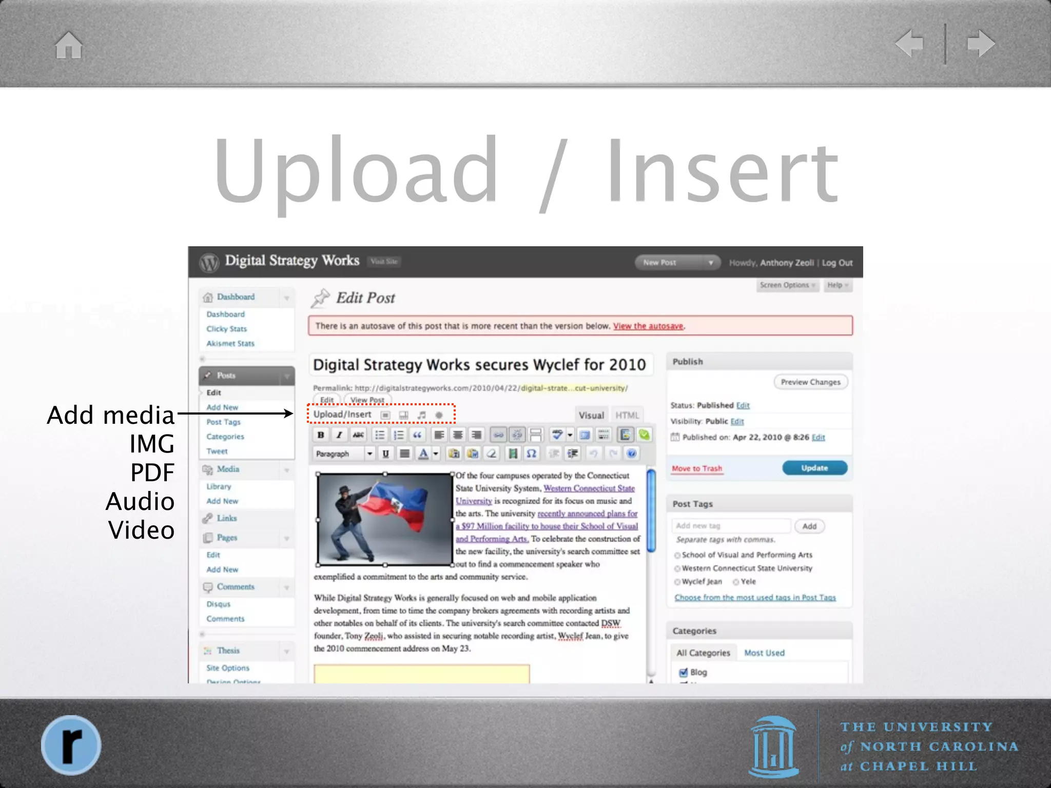 Upload / Insert

Add media
      IMG
      PDF
    Audio
    Video
 