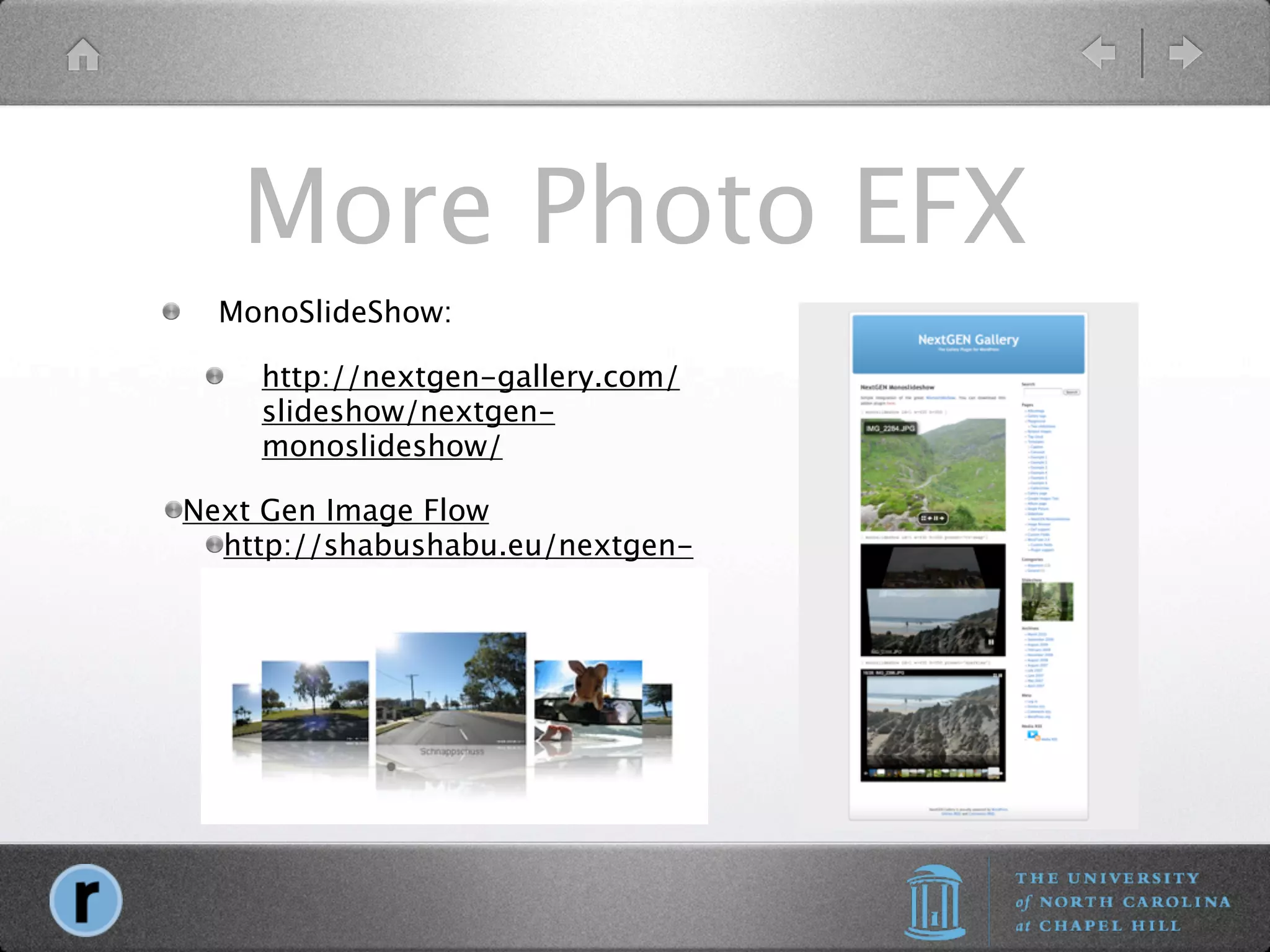More Photo EFX
  MonoSlideShow:

    http://nextgen-gallery.com/
    slideshow/nextgen-
    monoslideshow/

Next Gen Image Flow
  http://shabushabu.eu/nextgen-
 