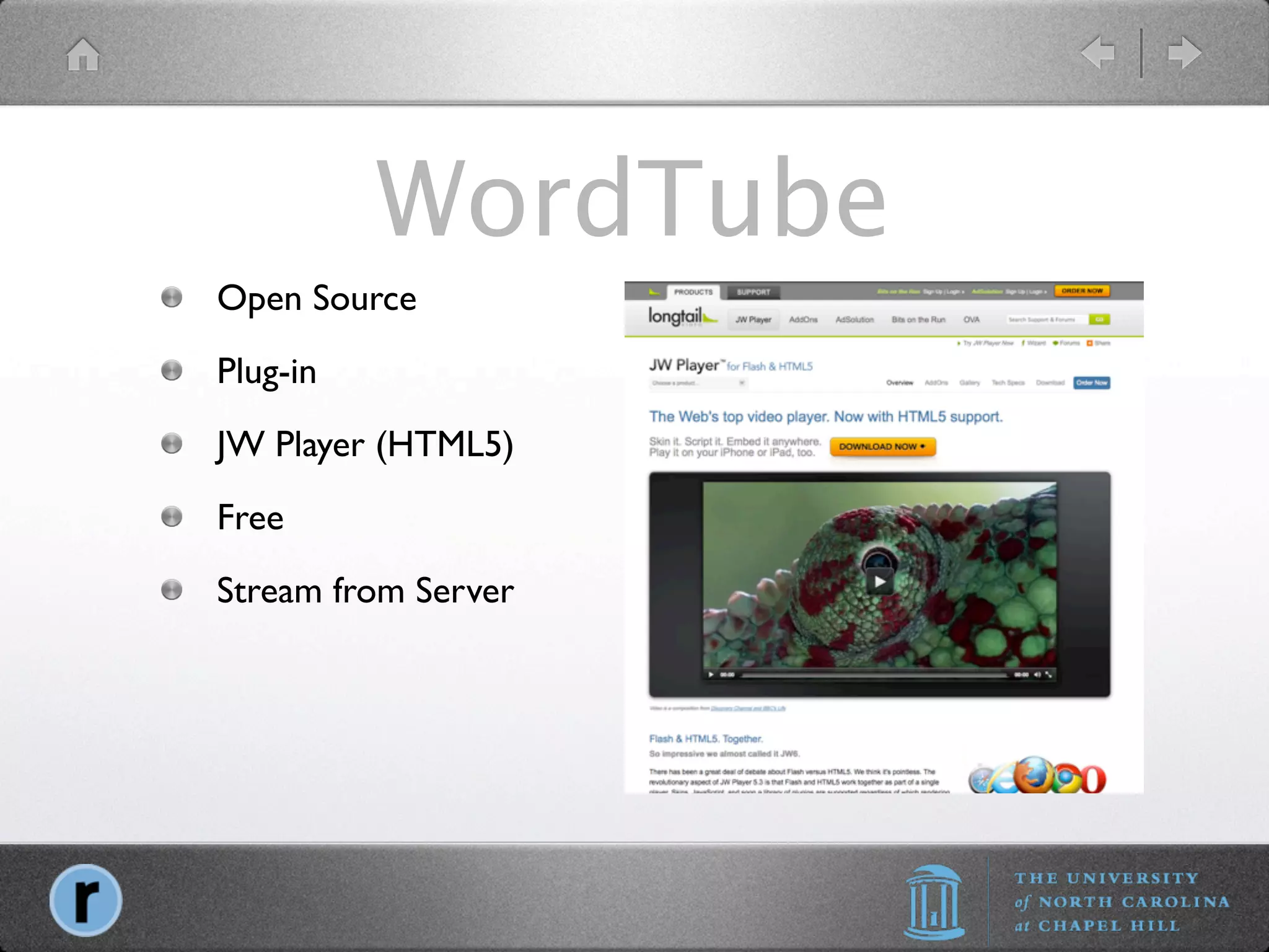 WordTube
Open Source
Plug-in
JW Player (HTML5)
Free
Stream from Server
 