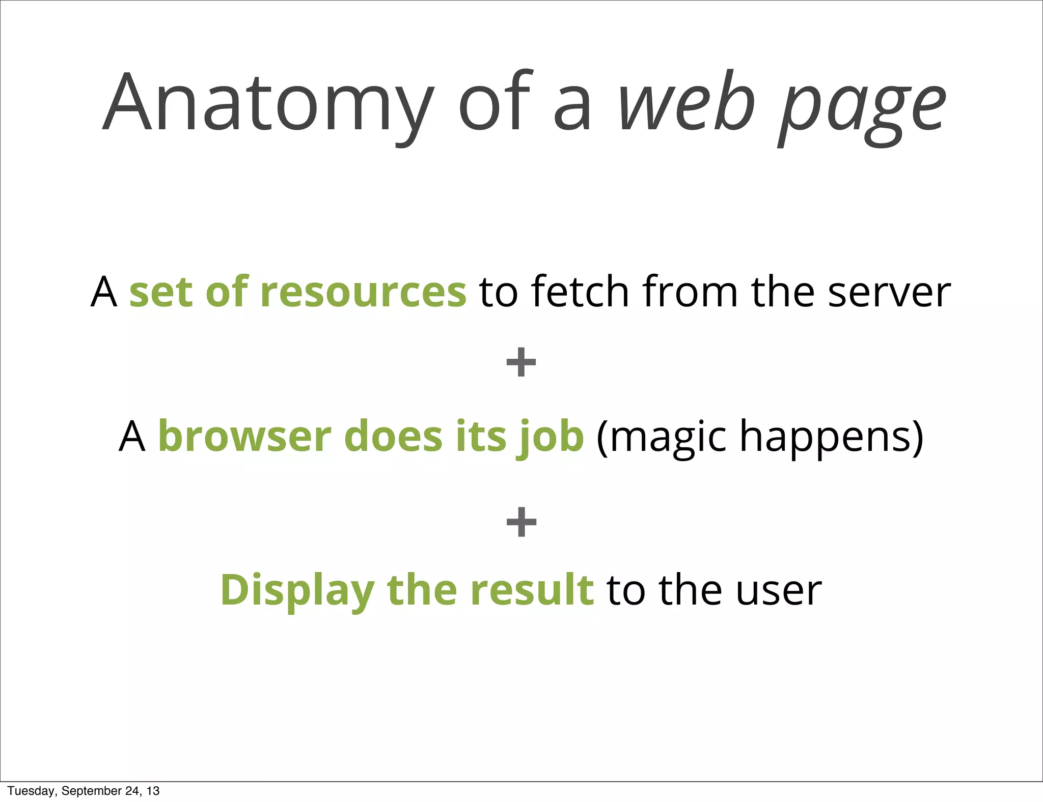 Anatomy of a web page
A set of resources to fetch from the server
A browser does its job (magic happens)
Display the result to the user
+
+
Tuesday, September 24, 13
 