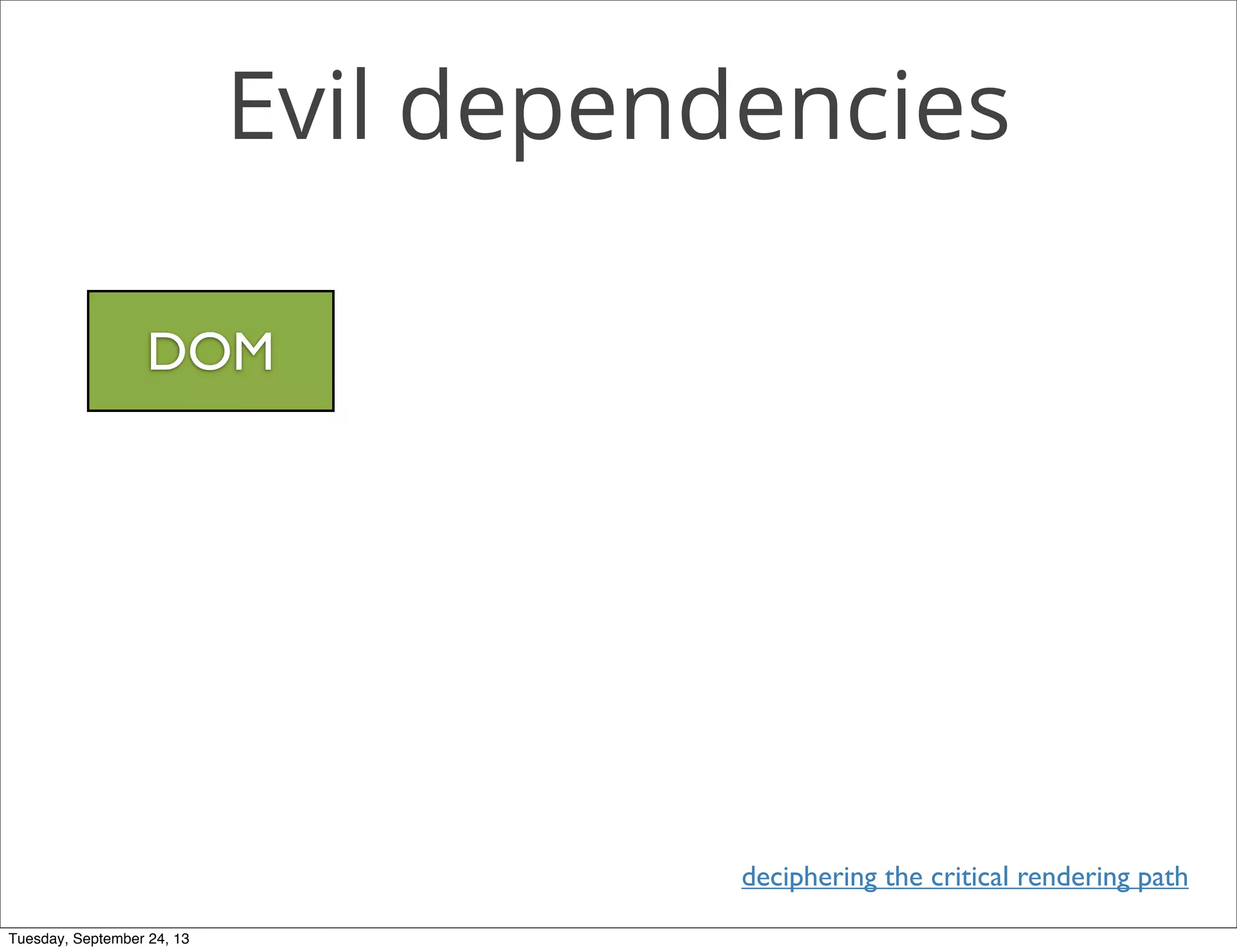 Evil dependencies
DOM
deciphering the critical rendering path
Tuesday, September 24, 13
 