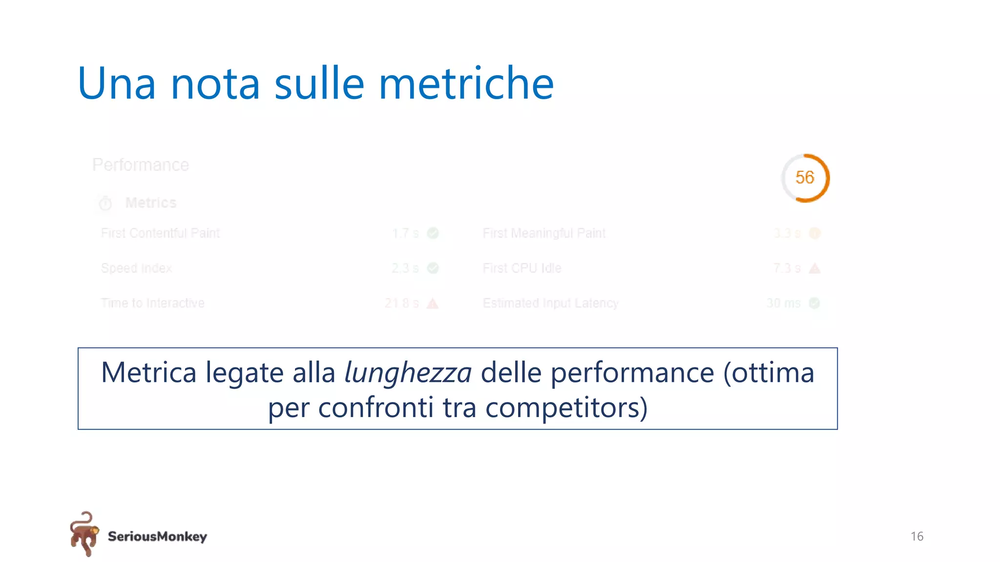 Una nota sulle metriche
16
Metrica legate alla lunghezza delle performance (ottima
per confronti tra competitors)
 