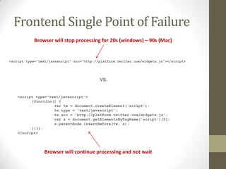 Frontend Single Point of Failure
            Browser will stop processing for 20s (windows) – 90s (Mac)


<script type="text/javascript" src="http://platform.twitter.com/widgets.js"></script>




                                           vs.

    <script type="text/javascript">
          (function() {
                    var tw = document.createElement('script');
                    tw.type = 'text/javascript';
                    tw.src = 'http://platform.twitter.com/widgets.js';
                    var s = document.getElementsByTagName('script')[0];
                    s.parentNode.insertBefore(tw, s);
          })();
    </script>




                 Browser will continue processing and not wait
 