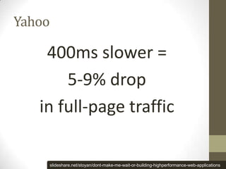 Yahoo

    400ms slower =
       5-9% drop
   in full-page traffic

    slideshare.net/stoyan/dont-make-me-wait-or-building-highperformance-web-applications
 