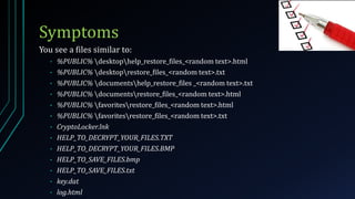 Symptoms
You see a files similar to:
• %PUBLIC% desktophelp_restore_files_<random text>.html
• %PUBLIC% desktoprestore_files_<random text>.txt
• %PUBLIC% documentshelp_restore_files _<random text>.txt
• %PUBLIC% documentsrestore_files_<random text>.html
• %PUBLIC% favoritesrestore_files_<random text>.html
• %PUBLIC% favoritesrestore_files_<random text>.txt
• CryptoLocker.lnk
• HELP_TO_DECRYPT_YOUR_FILES.TXT
• HELP_TO_DECRYPT_YOUR_FILES.BMP
• HELP_TO_SAVE_FILES.bmp
• HELP_TO_SAVE_FILES.txt
• key.dat
• log.html
 