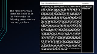 This ransomware can
search for files in all of
the folders with the
following extensions and
then encrypt them
 