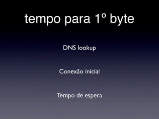 tempo para 1º byte
DNS lookup
Conexão inicial
Tempo de espera
 