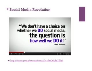 + Social Media Revolution




     http://www.youtube.com/watch?v=0eUeL3n7fDs!
 