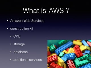 What is
• Amazon Web Services
• construction kit
• CPU
• storage
• database
• additional services
AWS ?
 
