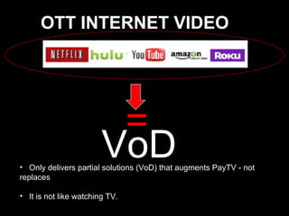 OTT INTERNET VIDEO
=
VoD• Only delivers partial solutions (VoD) that augments PayTV - not
replaces
• It is not like watching TV.
 