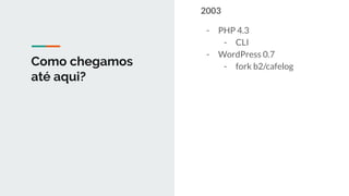 Como chegamos
até aqui?
2003
- PHP 4.3
- CLI
- WordPress 0.7
- fork b2/cafelog
 