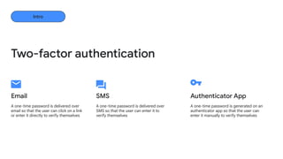 A one-time password is delivered over
email so that the user can click on a link
or enter it directly to verify themselves
A one-time password is delivered over
SMS so that the user can enter it to
verify themselves
Email SMS
A one-time password is generated on an
authenticator app so that the user can
enter it manually to verify themselves
Authenticator App
Two-factor authentication
Intro
 