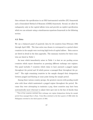 then estimate the specification in an OLS instrumental variables (IV) framework
and a Generalized Method of Moments (GMM) framework. Second, we allow for
endogeneity only in the capital inflows term and provide an explicit specification
which we can estimate using a simultaneous equations framework in the following
section.
4.2. Data
We use a balanced panel of quarterly data for 24 countries from February 1984
through April 1992. The time series was chosen to correspond to a period where
countries in the sample were receiving high levels of capital inflows. Data sources
are listed in detail in the data appendix. The summary statistics for these coun-
tries are listed in Table 1.
An issue which immediately arises in Table 1 is that we are pooling across
countries which report themselves as pursuing diﬀerent exchange rate regimes.
Our panel includes 7 countries which claim to have pursued a pegged regime
throughout the period and 10 which pursue a managed float throughout the pe-
riod.5
The eight remaining countries in the sample changed their designation
between pegged and floating at some point during the sample period.
Among these various country groups, the greatest concern with pooling would
arise with those which maintained a pegged regime throughout the period. Be-
cause they were attempting to maintain a peg, these countries may have been
systematically more reluctant to adjust their spot rate in the face of shocks than
5
Two of the countries switched their exchange rate regime designations during the sample
period from managed float to float. Costa Rica switched in the first quarter of 1992 while the
Philippines switched in the third quarter of 1984.
17
 