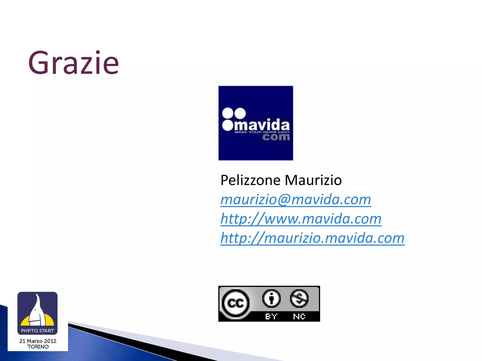 Grazie


         Pelizzone Maurizio
         maurizio@mavida.com
         http://www.mavida.com
         http://maurizio.mavida.com
 