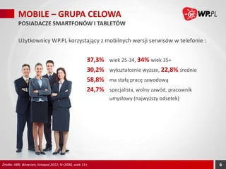 MOBILE – GRUPA CELOWA
POSIADACZE SMARTFONÓW I TABLETÓW
Użytkownicy WP.PL korzystający z mobilnych wersji serwisów w telefonie :

37,3%
30,2%
58,8%
24,7%

wiek 25-34, 34% wiek 35+

wykształcenie wyższe, 22,8% średnie
ma stałą pracę zawodową
specjalista, wolny zawód, pracownik
umysłowy (najwyższy odsetek)

Źródło: IIBR; Wrzesień, listopad 2012; N=2000, wiek 15+

6

 
