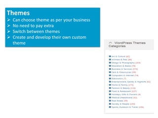 Themes
Can choose theme as per your business
No need to pay extra
Switch between themes
Create and develop their own custom
theme