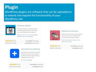 Plugin
WordPress plugins are software that can be uploaded to
to extend and expand the functionality of your
WordPress site