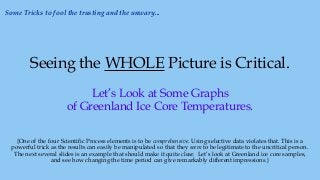 Seeing the WHOLE Picture is Critical.
Let’s Look at Some Graphs
of Greenland Ice Core Temperatures.
{One of the four Scientific Process elements is to be comprehensive. Using selective data violates that. This is a
powerful trick as the results can easily be manipulated so that they seem to be legitimate to the uncritical person.
The next several slides is an example that should make it quite clear. Let’s look at Greenland ice core samples,
and see how changing the time period can give remarkably different impressions.}
Some Tricks to fool the trusting and the unwary...
 