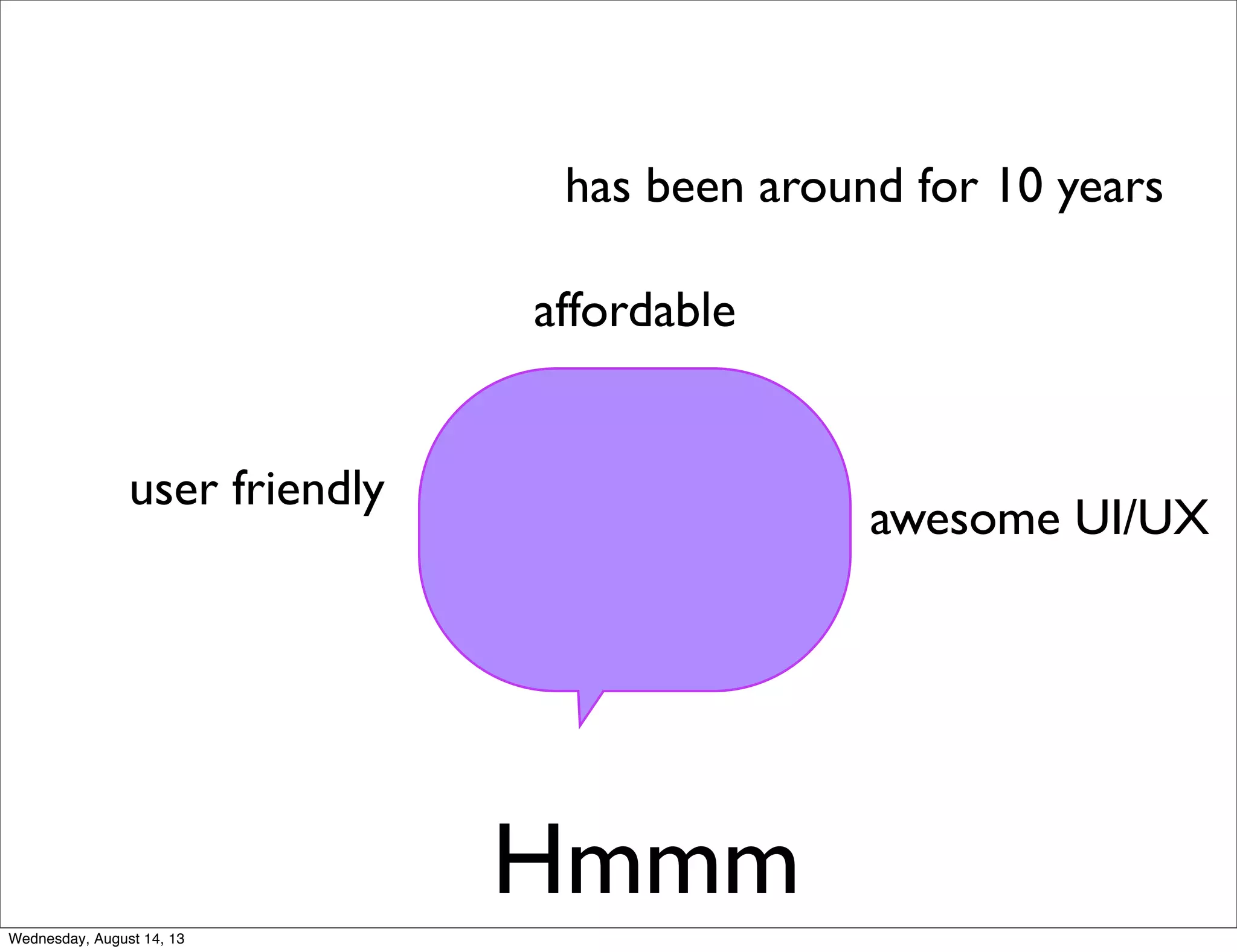 Hmmm
user friendly
awesome UI/UX
affordable
has been around for 10 years
Wednesday, August 14, 13
 