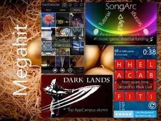 Top AppCampusalumni 
from spare time 
project to Xbox Live 
#1 music game, external funding 
5 million downloads 
Megahit  