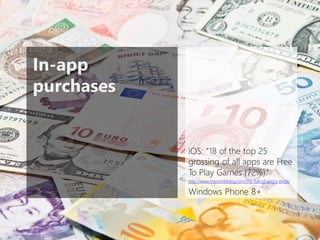 In-app purchases 
iOS: “18 of the top 25 grossing of all apps are Free To Play Games (72%).” http://www.treysmithblog.com/the-fall-of-angry-birds/ 
Windows Phone 8+  