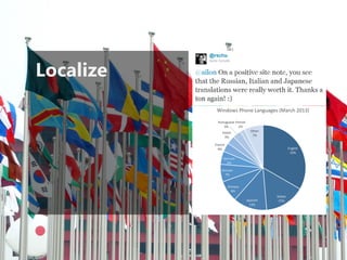 Localize
            Windows Phone Languages (March 2013)

             Portuguese Finnish
                 3%       2%
                                    Other
               Polish
                                     7%
                3%

           French
             4%                                       English
                                                       33%
                German
                  5%

               Russian
                 7%


                    Chinese
                      8%
                                            Italian
                                  Spanish    15%
                                   13%
 