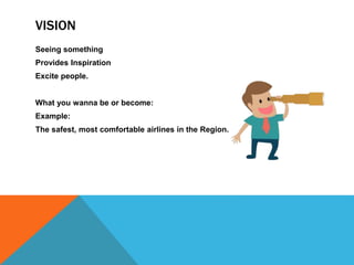 VISION
Seeing something
Provides Inspiration
Excite people.
What you wanna be or become:
Example:
The safest, most comfortable airlines in the Region.
 