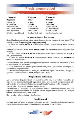 177
Précis grammatical
1 e
e re ard e n e voulus
u re ard u n u voulus
il elle re ard il elle n il elle voulut
nous re ard nous n nous voul
vous re ard es vous n es vous voul es
ils elles re ard ils elles n ils elles voul
uand la p rase principale es au passé la su ordonnée s’accorde au passé ’es
un p énomène de (узгод ення)
– habitait она сказала що живе в ернів
цях
’impar ai de concordance il a une valeur essen iellemen p o-
né i ue
avait habité она сказала що жила в
ні ро етровську
habiterait она сказала що житиме в
сільській місцевості
a concordance n’es par ois pas appli uée uand on annonce un résul a ou uand
on annonce un ai nouveau
ослідники ідтвердили
що вакцина є е ективна
ідкрили
що вер ина Монблан має метрів а не
près les ver es de percep ion si le ver e l’in ni i a un
su e propre ramma icalemen e primé il orme avec ce su e une proposi ion in -
ni ive e e proposi ion in ni ive es complémen d’o e du ver e con u ué
e m p l e
n revanc e si l’in ni i a un su e di éren de celui du ver e con u ué mais non
e primé ramma icalemen on ne parle pas de proposi ion in ni ive n l’anal se
comme une orme nominale du ver e
e m p l e
e mode indica i ser e primer un ai réel cer ain e mode condi ionnel e prime
une ac ion supposée éven uelle ui dépend souven d’une condi ion
 