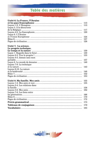 191
Table des matières
,
11
e ons 1 ’ e a one 11
e on la découver e
de la el i ue 11
e ons a rancop onie 1 0
e on ’ raine
e l’ nion uropéenne 1
ilan 1
a es de civilisa ion 1
1 0
e on 1 e ards dans le u ur 1 0
e ons ive le pro rès 1
e ons amais sans mon
por a le 1
e on e monde de demaine 1 0
e ons a ec ni ue
e la na ure 1
e ons 10 a na ure
e la oidivesi é 1
ilan 1
a es de civilisa ion 1
1
e ons 1 Mes amis e moi 1
e ons es rela ions dans
la amille 1
e ons Mes amis 1
e ons es liens en re
les énéra ions 1
ilan 1 0
a es de civilisa ion 1
1
1
1
 