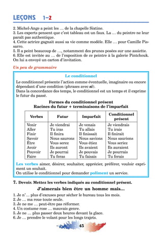 45
LEÇONS 1–2
Mic el n e a pein les de la c apelle i ine
es e per s pensen ue c’es a leau es un au a du pein re ne leur
para pas au en i ue
e e ac rice a nai aussi sa vie comme modèle lle pour amille is-
sarro
l a pein eaucoup de no ammen des prunes posées sur une assie e
lle es invi ée au de l’e posi ion de ce pein re la alerie in c ou
n lui a envo é un car on d’invi a ion
Un peu de grammaire
e condi ionnel présen e l’ac ion comme éven uelle ima inaire ou encore
dépendan d’une condi ion p rases avec si
ans la concordance des emps le condi ionnel es un emps e il e prime
le u ur du passé
enir
ller
inir
avoir
re
voir
ouvoir
aire
e viendrai
u iras
l nira
ous saurons
ous sere
ls auron
e pourrai
u eras
e venais
u allais
l nissai
ous savions
ous é ie
ls avaien
e pouvais
u aisais
e viendrais
u irais
l nirai
ous saurions
ous serie
ls auraien
e pourrais
u erais
aimer désirer sou ai er apprécier pré érer vouloir e pri-
men un sou ai
n u ilise le condi ionnel pour demander un service
1 e n’ plus d’e cuses pour séc er le ureau ous les mois
e ma roue ou e seule
e ne me peu re pas ré ormer
n cos ume rose mauvais enre
e ne plus passer deu eures devan la lace
e prendre le volan pour les lon s ra e s
 