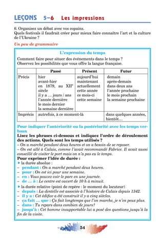 54
LEÇONS Les impressions5–6
r anise un dé a avec vos copains
uels es ivals il audrai créer pour mieu aire conna re l’ar e la cul ure
de l’ raine
Un peu de grammaire
ommen aire pour si uer des événemen s dans le emps
serve les possi ili és ue vous o re la lan ue ran aise
récis ier
avan ier
en 1 au e
siècle
il a ours ans
l’année dernière
le mois dernier
la semaine dernière
au ourd’ ui
main enan
ac uellemen
ce e année
ce mois ci
ce e semaine
demain
après demain
dans deu ans
l’année proc aine
le mois proc ain
la semaine proc aine
mprécis au re ois ce momen l dans uel ues années
ien
-
-
 la durée a solue
 la durée rela ive poin de repère le momen du locu eur
 
