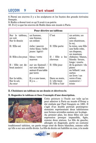 60
LEÇON 9 L’art visuel
armi ses uvres il a les sculp ures e les us es des rands écrivains
ran ais
odin a donné ou ce u’il avai sa pa rie
10 l n’ a ue les uvres de odin dans son musée aris
ur le a leau
on voi
ur le dessin
l lle es
l lle a les eu
l lle es de-
ou assis e
ur la a le
ur le sol
u mur
un omme
une emme
un en an
ric e pauvre
rès eau elle
eune é é
leus ver s
marron
sur un au euil
sur une c aise
au our d’une a le
par erre
l a une asse
l a
’es
l lle por e
l lle a les
c eveu
l lle oue
ans sa main
il elle ien
l lle a l’air
un ar is e un
ac eur
une c an euse
le roi
la reine une lle
une elle ro e
un c apeau
un man eau
c ains lancs
londs runs
lon s cour s
de la ui are du
piano
au illard au
car es
un livre un
verre d’eau
con en e
ris e
-
e e pein ure l’ uile sur oile u’on
peu admirer aris au musée d’ rsa a
é é réalisée par aul au uin en 1 1 l
s’a i d’un dou le por rai pos impres-
sionnis e représen an deu a i iennes
au ormes arrondies assises sur la pla e
u premier plan les deu lles on une
e pression pres ue impassi le ée
comme deu s a ues a lle de auc e
allon ée en dia onale por e un cos ume
radi ionnel a i ien un paréo rou e orné de eurs lanc es comme celle
u’elle a sur son oreille droi e a lle de droi e es a illée en rose la mode
 