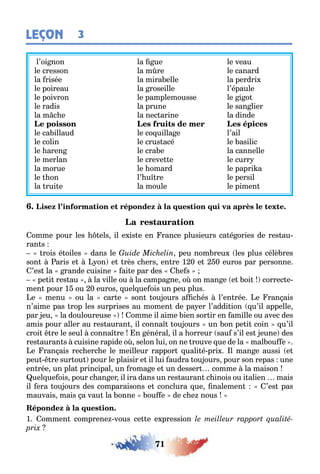 71
LEÇON 3
l’oi non la ue le veau
le cresson la m re le canard
la risée la mira elle la perdri
le poireau la roseille l’épaule
le poivron le pamplemousse le i o
le radis la prune le san lier
la m c e la nec arine la dinde
le ca illaud le co uilla e l’ail
le colin le crus acé le asilic
le aren le cra e la cannelle
le merlan le creve e le curr
la morue le omard le papri a
le on l’ u re le persil
la rui e la moule le pimen
omme pour les els il e is e en rance plusieurs ca é ories de res au-
ran s
rois é oiles dans le peu nom reu les plus célè res
son aris e on e rès c ers en re 1 0 e 0 euros par personne
’es la rande cuisine ai e par des e s
pe i res au la ville ou la campa ne o on man e e oi correc e-
men pour 1 ou 0 euros uel ue ois un peu plus
e menu ou la car e son ou ours a c és l’en rée e ran ais
n’aime pas rop les surprises au momen de pa er l’addi ion u’il appelle
par eu la douloureuse omme il aime ien sor ir en amille ou avec des
amis pour aller au res auran il conna ou ours un on pe i coin u’il
croi re le seul conna re n énéral il a orreur sau s’il es eune des
res auran s cuisine rapide o selon lui on ne rouve ue de la mal ou e
e ran ais rec erc e le meilleur rappor uali é pri l man e aussi e
peu re sur ou pour le plaisir e il lui audra ou ours pour son repas une
en rée un pla principal un roma e e un desser comme la maison
uel ue ois pour c an er il ira dans un res auran c inois ou i alien mais
il era ou ours des comparaisons e conclura ue nalemen ’es pas
mauvais mais a vau la onne ou e de c e nous
1 ommen comprene vous ce e e pression
 