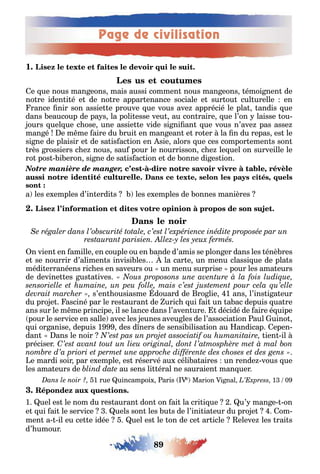 Page de civilisation
89
1
e ue nous man eons mais aussi commen nous man eons émoi nen de
no re iden i é e de no re appar enance sociale e sur ou cul urelle en
rance nir son assie e prouve ue vous ave apprécié le pla andis ue
dans eaucoup de pa s la poli esse veu au con raire ue l’on laisse ou-
ours uel ue c ose une assie e vide si ni an ue vous n’ave pas asse
man é e m me aire du rui en man ean e ro er la n du repas es le
si ne de plaisir e de sa is ac ion en sie alors ue ces compor emen s son
rès rossiers c e nous sau pour le nourrisson c e le uel on surveille le
ro pos i eron si ne de sa is ac ion e de onne di es ion
Notre manière de manger, - - ,
, ,
a les e emples d’in erdi s les e emples de onnes manières
n vien en amille en couple ou en ande d’amis se plon er dans les énè res
e se nourrir d’alimen s invisi les la car e un menu classi ue de pla s
médi erranéens ric es en saveurs ou un menu surprise pour les ama eurs
de devine es us a ives
s’en ousiasme douard de ro lie 1 ans l’ins i a eur
du pro e asciné par le res auran de uric ui ai un a ac depuis ua re
ans sur le m me principe il se lance dans l’aven ure décidé de aire é uipe
pour le service en salle avec les eunes aveu les de l’associa ion aul uino
ui or anise depuis 1 des d ners de sensi ilisa ion au andicap epen-
dan ans le noir ien il
préciser
e mardi soir par e emple es réservé au céli a aires un rende vous ue
les ama eurs de au sens li éral ne sauraien man uer
1 rue uincampoi aris e Marion i nal 1 0
1 uel es le nom du res auran don on ai la cri i ue u’ man e on
e ui ai le service uels son les u s de l’ini ia eur du pro e om-
men a il eu ce e idée uel es le on de ce ar icle eleve les rai s
d’ umour
 