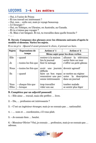 96
LEÇONS Les métiers3–4
ui l’usine de oiss
on ravail es in éressan
ui non en n oui mais e vo a e eaucoup
l’é ran er
ui en c è ue en raine en us ralie au anada
u n’aimes pas vo a er
i Mais c’es a i an oi u ravailles dans uelle ranc e
-
e m p l e
1
lle
e
ous
ls
ous
lles
uand
ou es les ois ue
ou es les ois ue
uand
c a ue ois ue
lors ue
ren rer la maison
lire le ournal
nir le ména e
avoir une ournée
di cile
aire un on repas
rencon rer une per-
sonne in éressan e
rop ravailler
vider son sac
allumer la élévision
sor ir aire un our
s’o rir un pe i eau
devenir a ressi
se me re au ré ime
no er la descrip ion
dans un ournal
om er malade
se sen ir plus lé er
1 lle aime ravail mais elle pré ère livre
is pro ession es in éressan e
’es un in énieur é ran er mais e ne connais pas na ionali é
nom e coordonnées s’il vous pla
e connais ien oulo
Monsieur livier ui e connais pro ession mais e ne connais pas
adresse
 