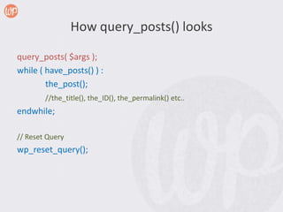 How query_posts() looks

query_posts( $args );
while ( have_posts() ) :
        the_post();
        //the_title(), the_ID(), the_permalink() etc..
endwhile;

// Reset Query
wp_reset_query();
 