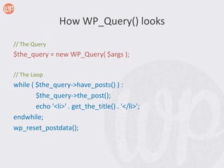 How WP_Query() looks
// The Query
$the_query = new WP_Query( $args );

// The Loop
while ( $the_query->have_posts() ) :
        $the_query->the_post();
        echo '<li>' . get_the_title() . '</li>';
endwhile;
wp_reset_postdata();
 