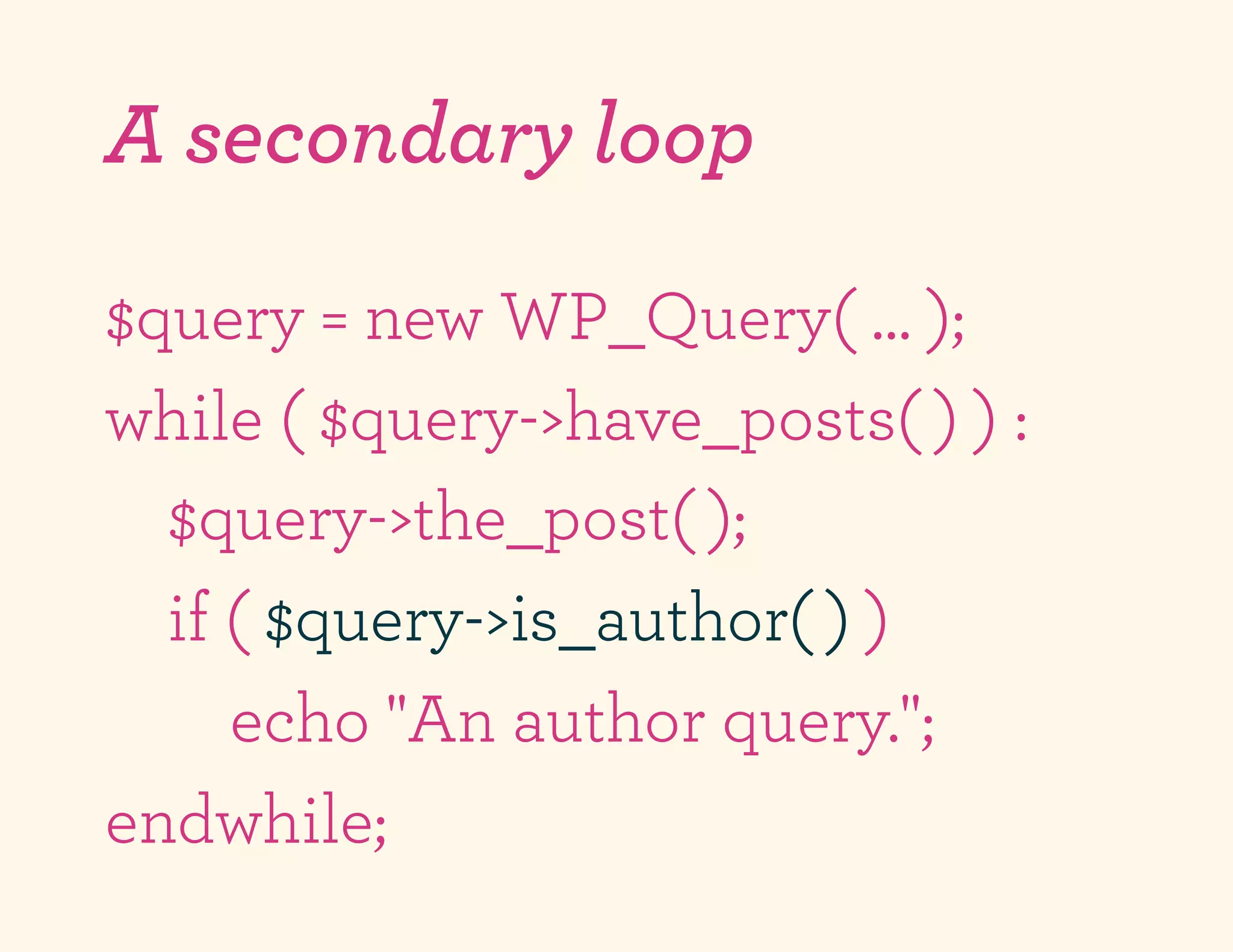 A secondary loop

$query = new WP_Query( … );
while ( $query->have_posts( ) ) :
  $query->the_post( );
  if ( $query->is_author( ) )
     echo "An author query.";
endwhile;
 