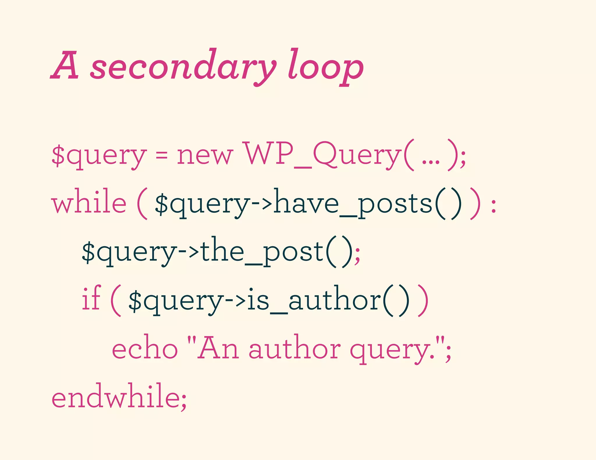 A secondary loop

$query = new WP_Query( … );
while ( $query->have_posts( ) ) :
  $query->the_post( );
  if ( $query->is_author( ) )
     echo "An author query.";
endwhile;
 