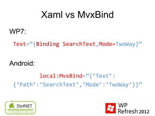Xaml vs MvxBind
WP7:
 Text=‚{Binding SearchText,Mode=TwoWay}‛


Android:
         local:MvxBind=‚{‘Text’:
 {‘Path’:’SearchText’,’Mode’:’TwoWay’}}‛
 